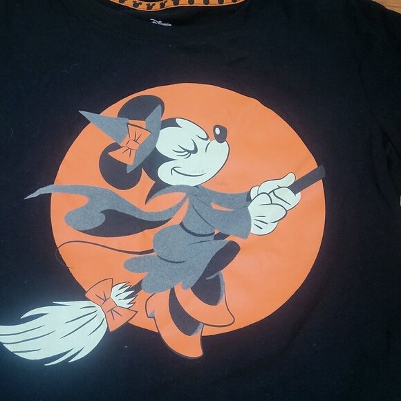 DISNEY Minnie Mouse Girl's Halloween T-SHIRT Witch Broom BLACK Orange Size 14 16 - Picture 2 of 5
